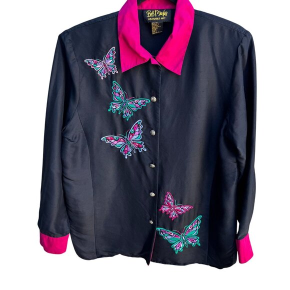 Bob Mackie Wearable Art Vintage Silk Embroidered Butterfly Appliqué Shirt Blouse - Picture 1 of 10